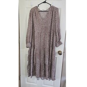 A New Day Womens XXL‎ Brown Leopard Print Tiered Maxi Dress Long Sleeve V-Neck